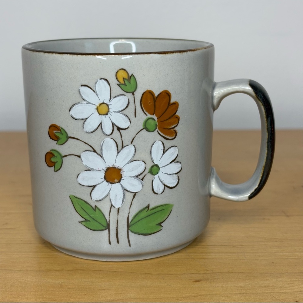 Vintage Floral Stoneware Mug Coffee Tea 3.5” Gray Brown White Orange